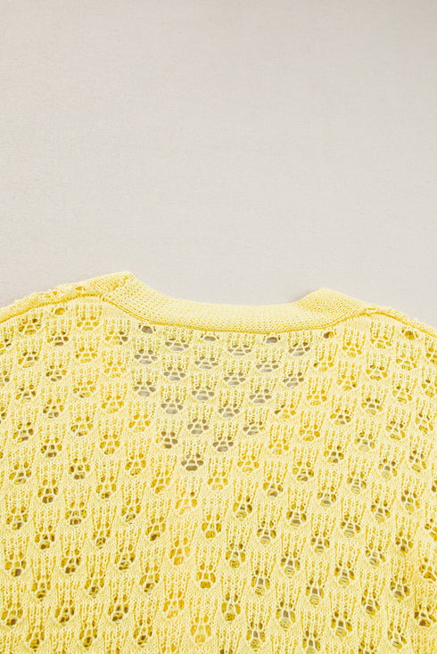 Yellow Pointelle Knit V Neck Sweater Cardigan
